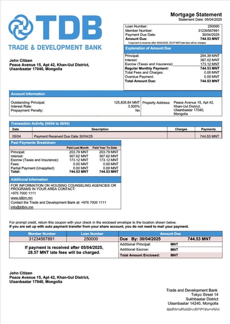 Download Mongolia Trade and Development Bank mortgage statement Word and PDF template Photoshop template